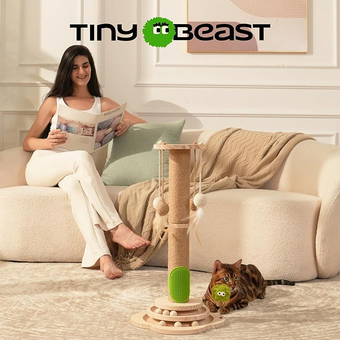 TINYBEAST Wooden Cat Scratching Post, 4 in 1 Cat Scratcher Toy with Cat Ball Tracks, 24.8" Tall Sisal Scratch Post for Indoor Kittens Adult Cats, Interactive Feather Toy and 4 Sisal Hanging Balls