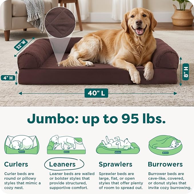 Furhaven Orthopedic Dog Bed for Large Dogs w/ Removable Bolsters & Washable Cover, For Dogs Up to 95 lbs - Quilted Sofa - Coffee, Jumbo/XL
