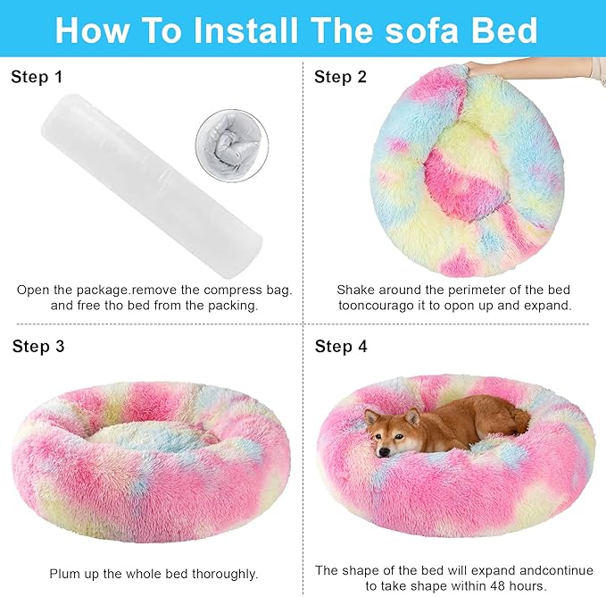 Dog Calming Beds for Small Medium Large Dogs - Round Donut Washable Puppy Dog Bed, Anti-Slip Faux Fur Fluffy Donut Cuddle Anxiety Cat Pet Bed(28'' Color)