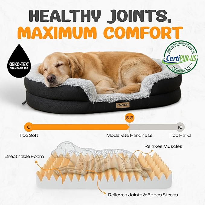 Fluffy Orthopedic Dog Bed for Small & Medium Dogs and Cats, Calming Plush Sofa Bed with Curved Bolster Support and Egg-Crate Foam Base, 35" Cozy Oval Pet Donut Bed with Washable Cover, Gray