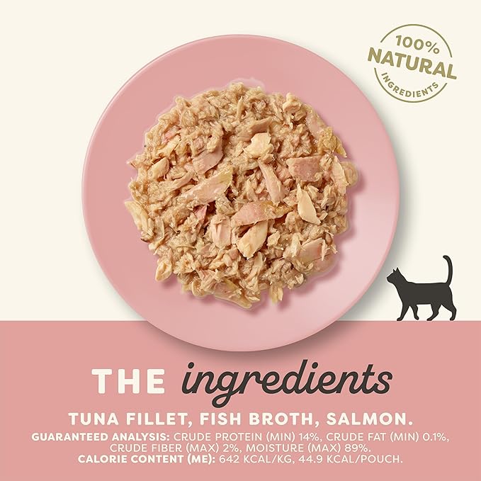 Applaws Natural Wet Cat Food in Broth, Limited and Natural Ingredients, High Protein with No Artificial Additives, Tuna Fillet & Salmon in Broth (12 x 2.47oz Pouches)
