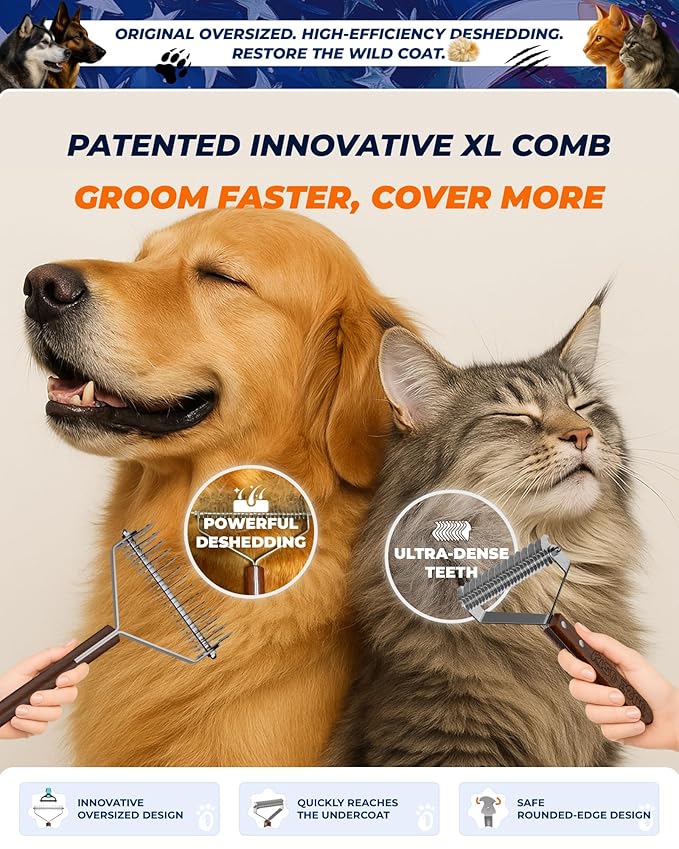 Extra Large 2-Sided Undercoat Rake for Dogs & Cats, Dog Brush for Shedding Remove Mats, Dematting Comb, Safe & Gentle Grooming Brush for German Shepherds Medium to Long-Haired Pets (Walnut Handle)