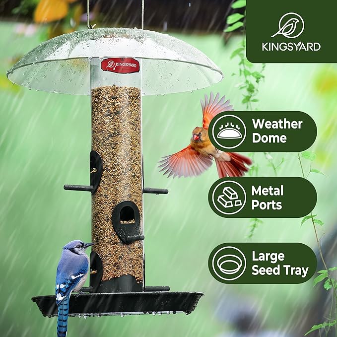 Kingsyard Metal Bird Feeders for Outdoors Hanging, Wild Bird Feeder for Finch Cardinal, Large Tray and Rainproof Dome, 2 lbs Seeds Capacity (Black)