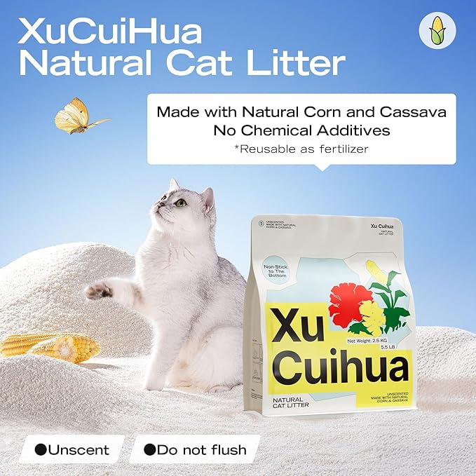 Natural Cat Litter Unscented, 100% Plant-Based, Strong Clumping Litter, Easy Scooping, Clumps Lift Cleanly, Chemical-Free, Low Dust, Corn & Cassava Litter, 5.5 LB x 3 Bags