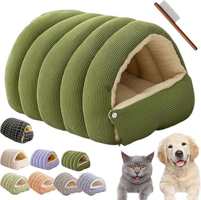 CutyPet Winter Cave,Warmth Cozy Comfort Plush Pet Cave,Cute Cozy Safe Hideaway Cat Bed with Removable Cushion,Warm Soft Removable Washable for Cats and Dogs (Green, M：17.71 * 11.81 * 7.48 in)