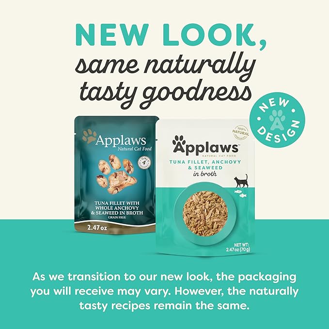 Applaws Natural Wet Cat Food in Broth, Limited and Natural Ingredients, High Protein with No Artificial Additives, Tuna Fillet, Anchovy & Seaweed in Broth (12 x 2.47oz Pouches)
