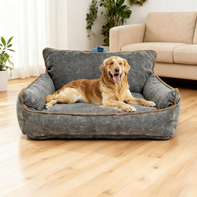 Large Orthopedic Dog Sofa Bed with Sides, Carry Handle & Side Pockets .Plush Chenille Orthopedic Pet Bed Couch for Large Dogs.Portable Snuggler for Indoor Use, Travel & Recovery(Dark Grey)