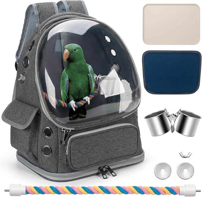Bird Backpack Carrier Travel Cage with Perch, Tray and Breathable Clear Window, Bird Travel Cage for Cockatiel Caique Conure Quaker, for Vetting Camping Hiking (Grey)