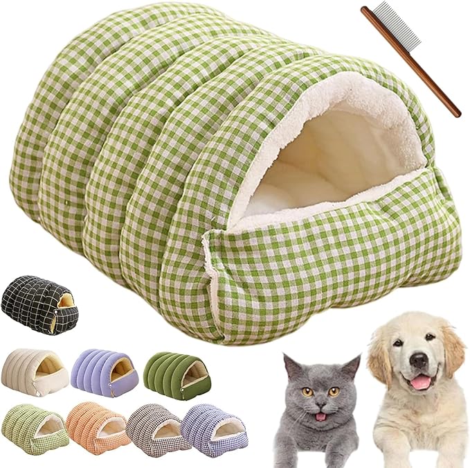 CutyPet Winter Cave,Warmth Cozy Comfort Plush Pet Cave,Cute Cozy Safe Hideaway Cat Bed with Removable Cushion,Warm Soft Removable Washable for Cats and Dogs (Green Plaid, L:25.59 * 15.74 * 11.02 in)