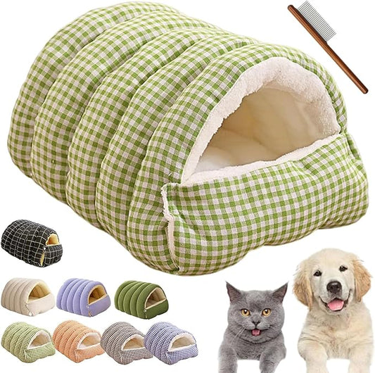 CutyPet Winter Cave,Warmth Cozy Comfort Plush Pet Cave,Cute Cozy Safe Hideaway Cat Bed with Removable Cushion,Warm Soft Removable Washable for Cats and Dogs (Green Plaid, L:25.59 * 15.74 * 11.02 in)