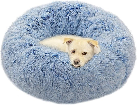 TumiMallody Donut Pet Bed, Plush Round Cuddler Cat & Dog Cushion Bed, Marshmellow Fluffy Faux Fur, Calming Comfy Furry (24 , Light Blue)