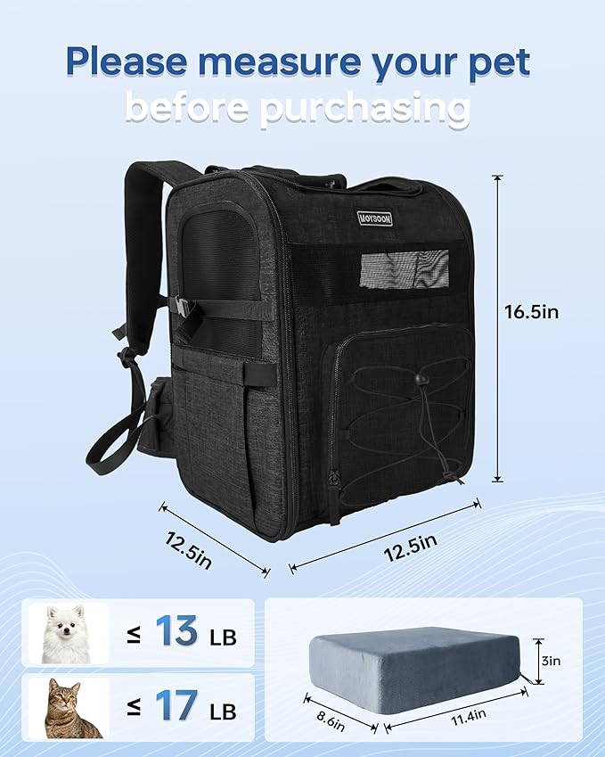 Hiking Dog Carrier Backpack, Padded Height-Enhancing Design, Adjustable Waist Cushioning Belt with Breathable Padded Back Support, Dog Carrier Backpack for Small Dogs Max 13LB Black with Pad