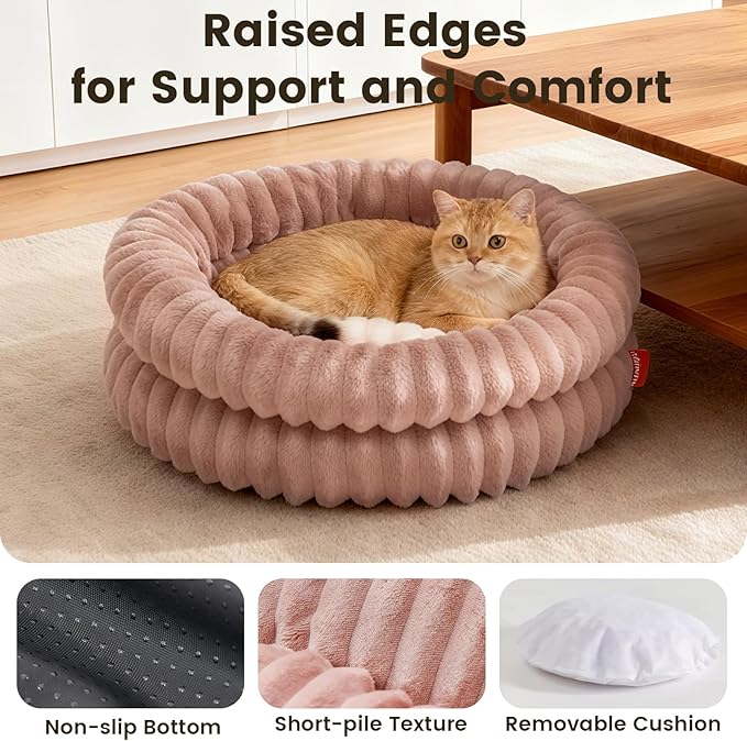 Extra Large Fluffy Cat Beds for Indoor Cats, Washable Round Orthopedic Dog Bed for Small Medium Dogs, Soft Fuzzy Pet Bed with Non-Slip Bottom, Cute Kitten Bed, 27.6x27.6x6.3 in, Dark Pink
