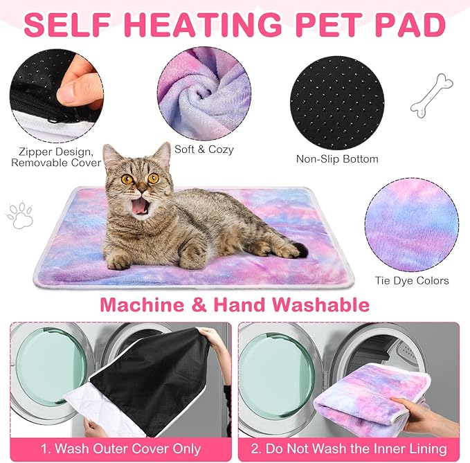 4 Pack Self Heating Cat Bed Cat Self Warming Pad with Removable Cover Extra Warm Thermal Pet Pad Washable Pet Crate Mat Anti Slip Kennel for Indoor Outdoor Pets(Tie Dye,16 x 20 Inches)