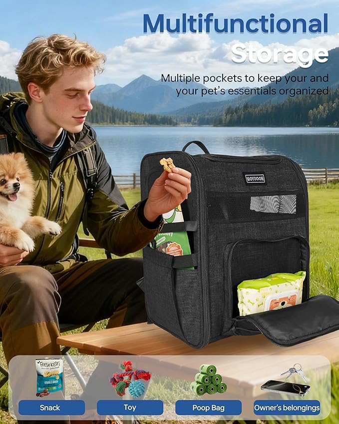 Hiking Dog Carrier Backpack, Padded Height-Enhancing Design, Adjustable Waist Cushioning Belt with Breathable Padded Back Support, Dog Carrier Backpack for Small Dogs Max 13LB Black with Pad