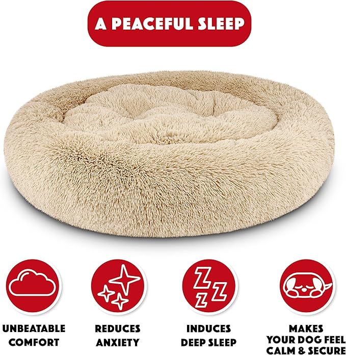 The Dog’s Bed Sound Sleep Donut Dog Bed, XL Beige Fur Calming Nest Bed Removable Cover