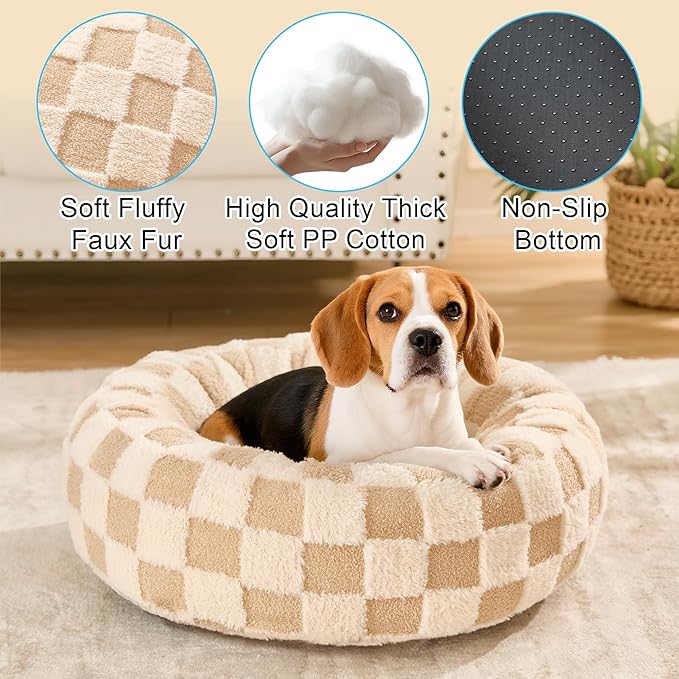 Dog Calming Beds for Small Medium Large Dogs - Round Donut Washable Puppy Dog Bed, Anti-Slip Faux Fur Fluffy Donut Cuddle Anxiety Cat Pet Bed (20" Grid)