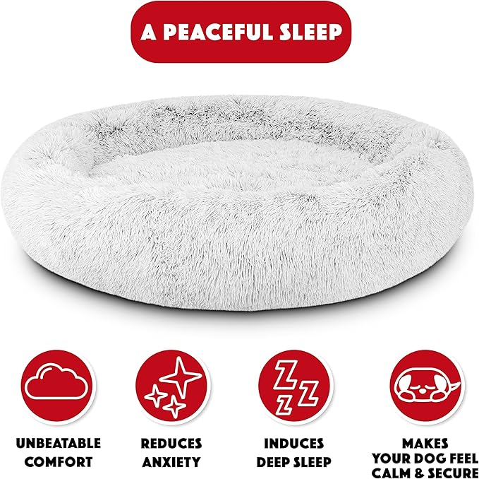 The Dog’s Bed Sound Sleep Donut Dog Bed, XXL Ice White Fur Calming Nest Bed Removable Cover