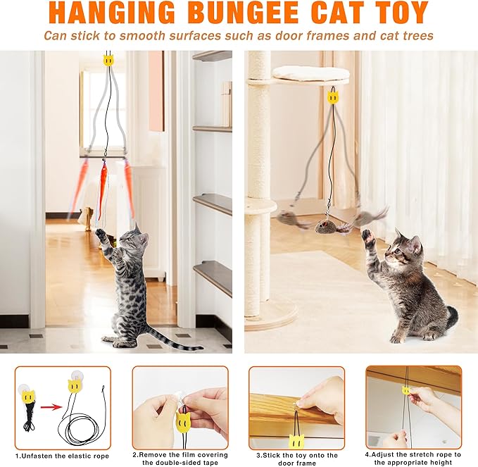 JXFUKAL Interactive cat Toy, Automatic Cat Wand Toy with Stable Wooden Base, 2 PCS Detachable Cat Teaser, 5PCS Refills Replacement & Hanging Elastic String, Kitty Kitten Toys Feather Spring Bird Toy