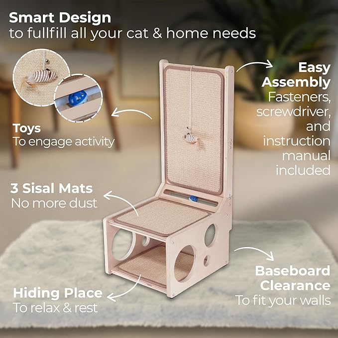L Shaped Cat Scratching Post with Toy – Sisal Scratch Pad & Hideaway for Indoor Cats | 33'" Vertical & Horizontal No Mess Scratching Ramp for Large Cats – MANDAROO