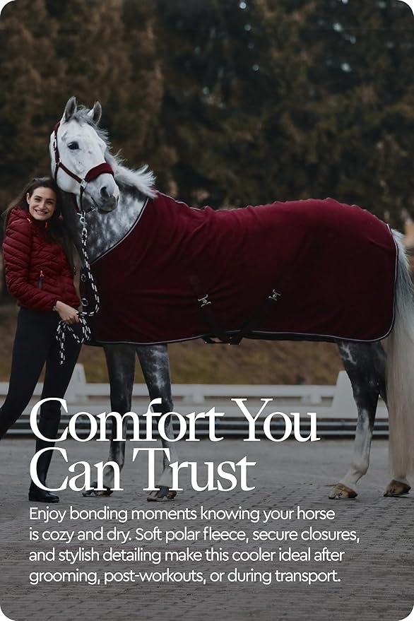 HORZE Kiel Fleece Horse Cooler Blanket | Quick-Dry Fleece Horse Cooler Sheet with X-Surcingles & Tail Cord - Dark Red - 81 in