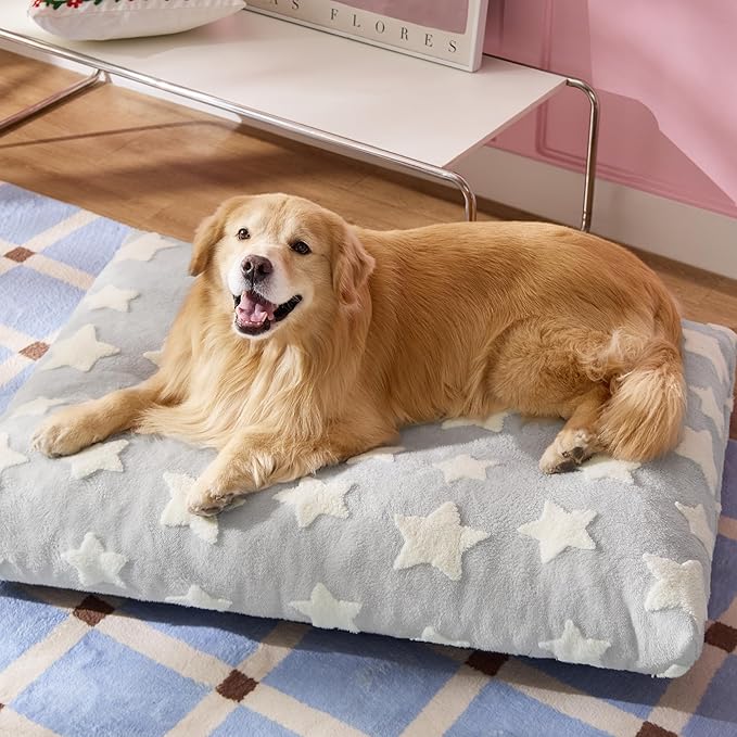 Lesure Extra Large Dog Bed-Thick Shredded Chopped Foam Pet Bed Indoor with Removable Cover, Cute Modern Fuzzy Plush & Anti Slip Bottom, Grey