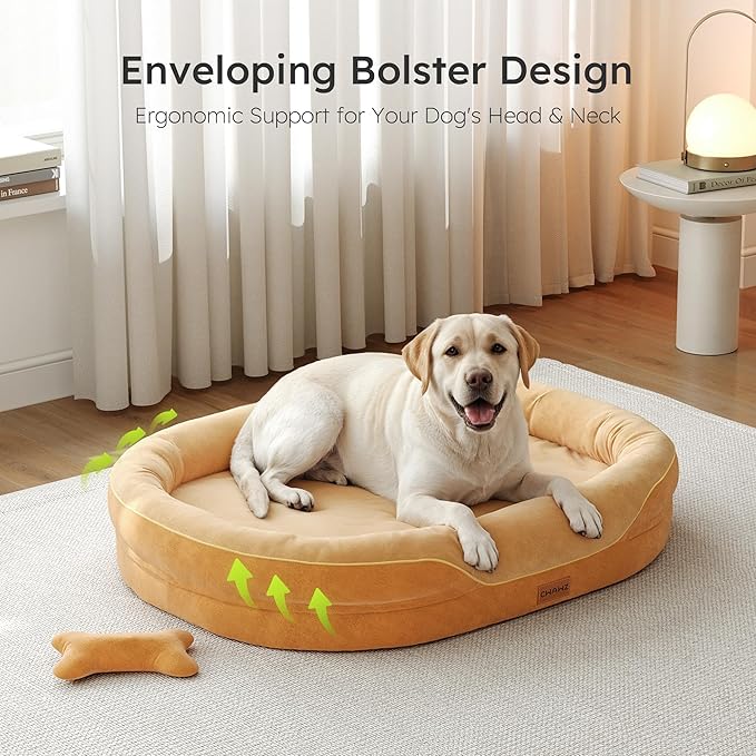 Jumbo Orthopedic Dog Bed, Big Dog Beds for Extra Large Sized Dogs with Full-Surround Bolsters, Dual-Sided Dog Cooling Bed with Memory Foam, Washable Pet Sofa Couch with Nonslip Bottom, Brown