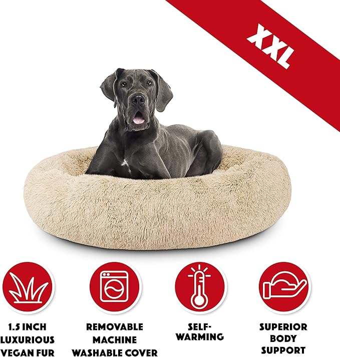 The Dog’s Bed Sound Sleep Donut Dog Bed, XXL Dog Beige Fur Calming Nest Bed Removable Cover