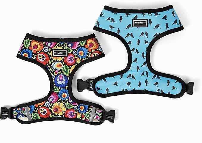 Lucky Love Dog, Soft Reversible Harness Vests, Vivid Floral Dog Vest Harness for Small Female Dogs, Stylish Dog Accessory, (Blackbird, Small)