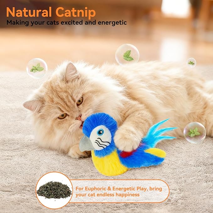 Cat Toys Flapping Bird(Cannot Fly), Electric Simulated Chirping Bird Interactive Kitten Toy with Flappy Wings, Rechargeable Touch Activated Toy with Catnip and Feather for Indoor Cats- Bule