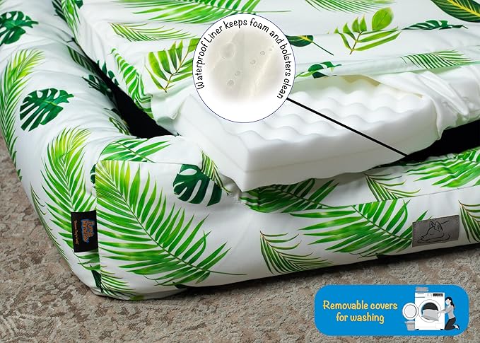 Furry's Paradise Foam Cuddler Pet Bed with Waterproof Liners, Reversible Cushion, Washable Cover, Recycled Fibers and Non-Slip Bottom. (in The Tropics, Orthopedic Large)