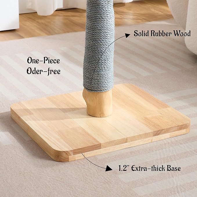 29" Tall Cat Scratching Post with Sisal Scratcher, Extra-Stable & Natural Solid Rubber Wood Base, Hanging Ball Toy for Indoor Cats Adults & Kittens, Gray