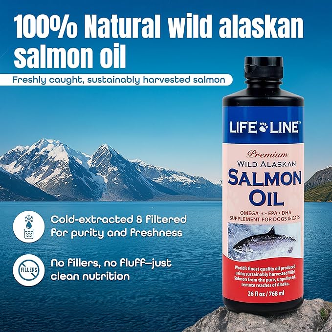 Life Line Wild Alaskan Salmon Oil Omega-3 Supplement for Dogs and Cats | DHA & EPA for Healthy Skin, Coat, Brain & Heart – 26 oz