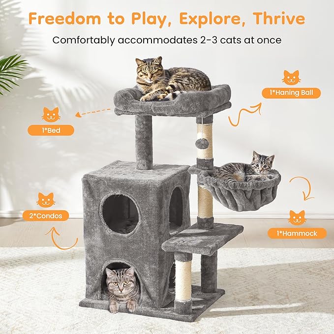 Multi-Level Cat Tree Tower for Large Cats with Scratching Posts, Condos, Perch, Hammocks & Toys, Cat Jungle Gym for Indoor Cats, Ideal for Multi-Cat Households, Grey