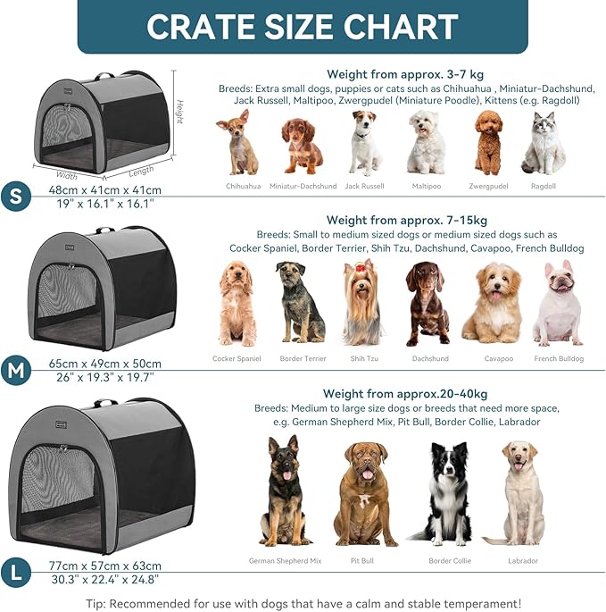 PETSFIT Soft Dog Crate, Dog Crate Travel - 30 Inch Lightweight, Roomy, Easy to Set Up, Sturdy Portable Dog Kennel with Thick Mat, Grey