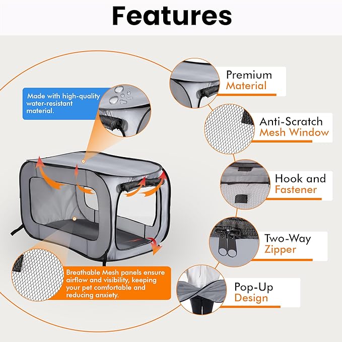 Beatrice Home Fashions Portable, Collapsible, Pop Up Kennel Travel Cat and Dog Crate, 36" L x 22" W x 22" H, Gray