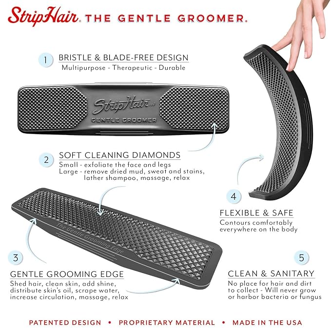 StripHair Gentle Groomer - Original for Horses Dogs 6-in-1 Shedding Grooming Massage Tool (Black)