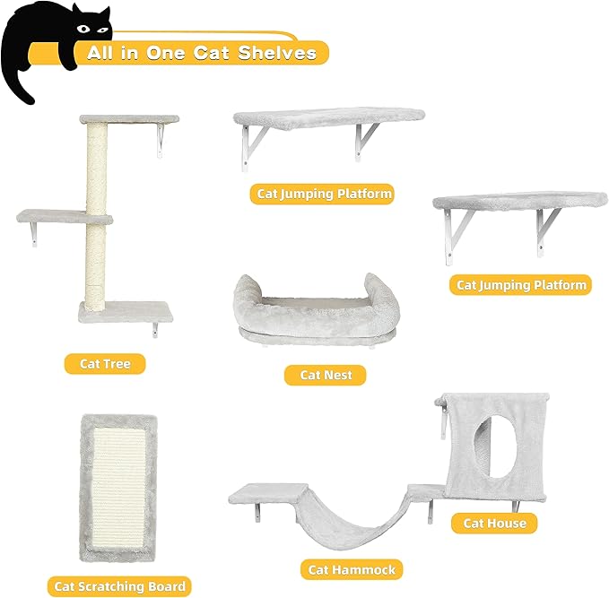 NUNU LAB Wall Mounted Cat Climber Set, 6 Pcs Cat Furniture Set with House, Bridge, Steps, Scratcher Board and Hammock, Shelves for Indoor, Luxury Walls Furniture(Light Gray)