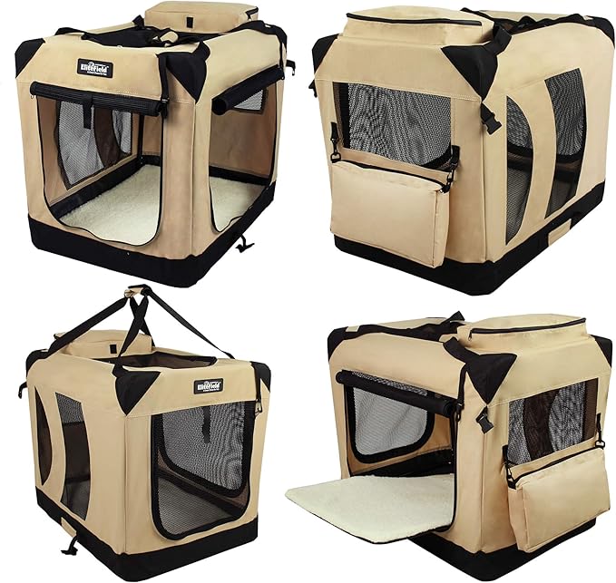 EliteField 3-Door Folding Soft Dog Crate with Carrying Bag and Fleece Bed (2 Year Warranty), Indoor & Outdoor Pet Home (20" L x 14" W x 14" H, Beige)