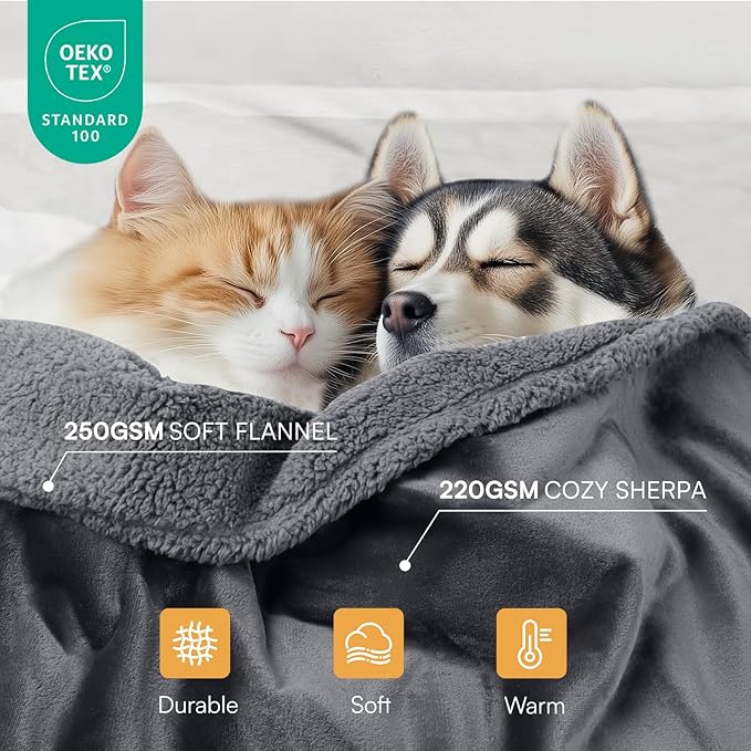 Waterproof Pet Blanket, Liquid Pee Proof Dog Blanket for Sofa Bed Couch, Reversible Sherpa Fleece Furniture Protector Cover for Small Medium Large Dogs Cats, Dark Gray X-Large（85" x 57"）