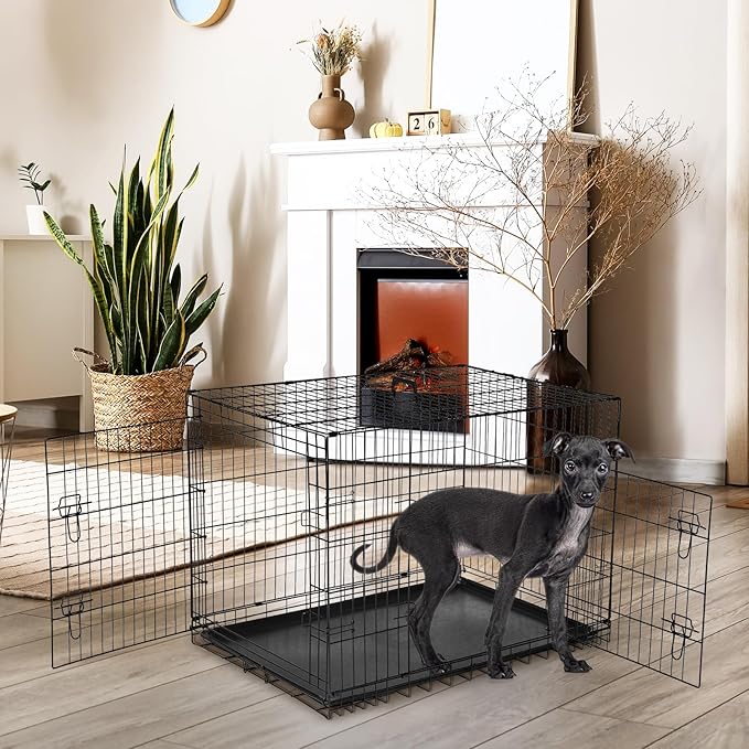 DUMOS Dog Crate, 36 Inch Medium Double Door Dog Cage with Divider Panel and Plastic Leak-Proof Pan Tray, Folding Metal Wire Pet Kennel for Indoor, Outdoor, Travel