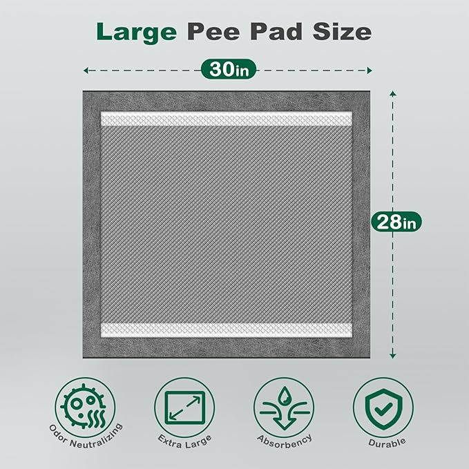 MIZOK Dog Pee Pads 28×30in Extra Large Charcoal, Puppy Pads with Adhesive Tabs, Ultra Odor-Control Absorbent Wee Wee Pads for Dogs Heavy Duty Leak-Proof Black, Disposable (30 Counts)