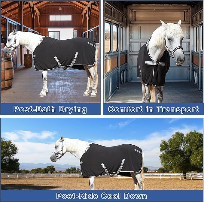 Horse Fleece Cooler, Blanket Liner - 300g Anti-Pilling Fleece, Moisture-Wicking, Cooling & Drying for Post-Workout, Bath & Travel, Prevent Overheating & Chilling Black 75