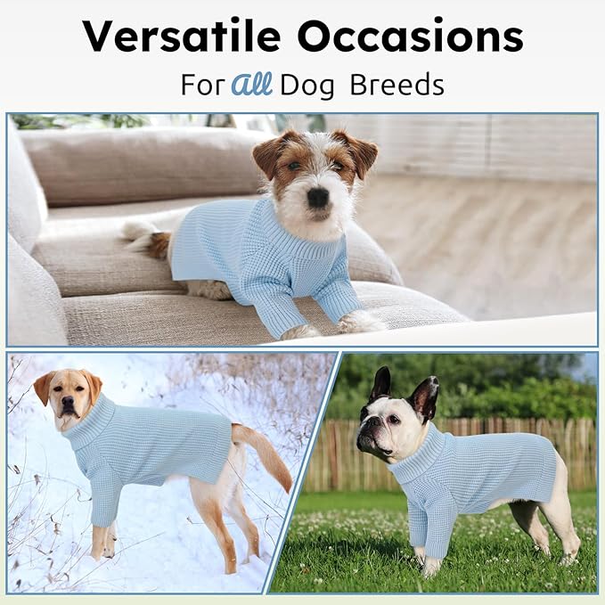 Queenmore Turtleneck Dog Sweater, Plaid Doggie Sweaters, Large Dogs Sweater with Check Pattern, Long Sleeve Holiday Pet Sweatershirt, Solid Dog Sweaters for Large Dogs, Blue L