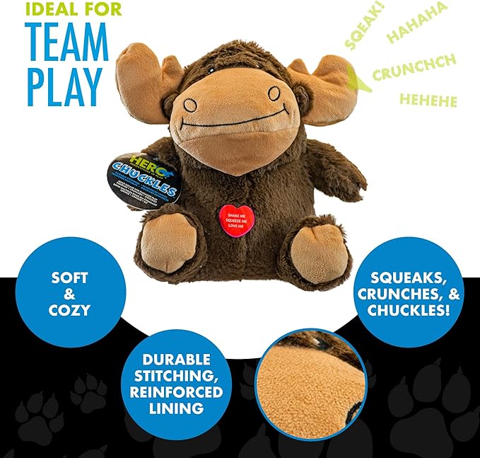Hero Chuckles Moose, Plush Squeaky Dog Toy, Durable Stuffed Animal with 3 in 1 Squeaker
