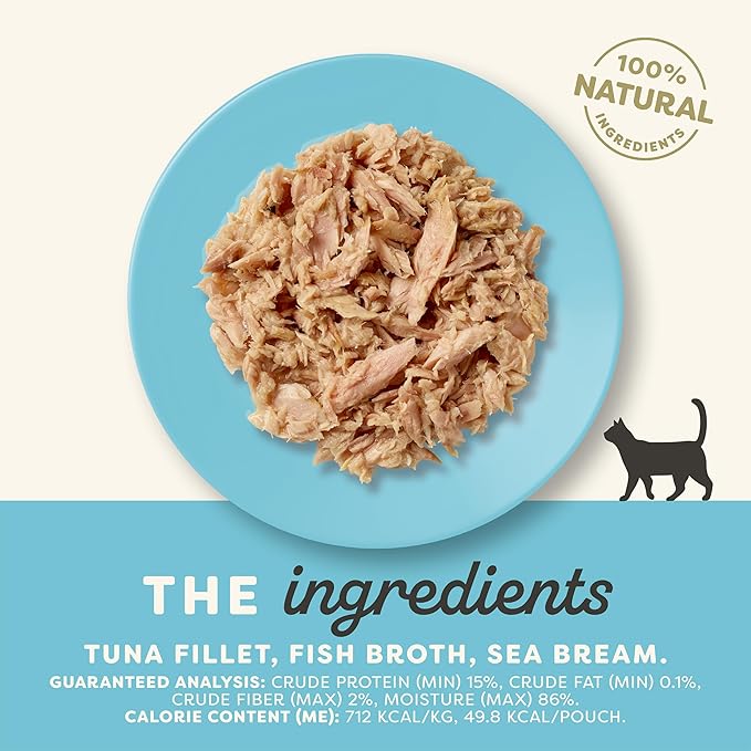 Applaws Natural Wet Cat Food in Broth, Limited Ingredient Wet Cat Food Pouches, No Additives, Made with Natural Ingredients, Tuna Fillet & Seabream in Broth (12 x 2.47oz Pouches)