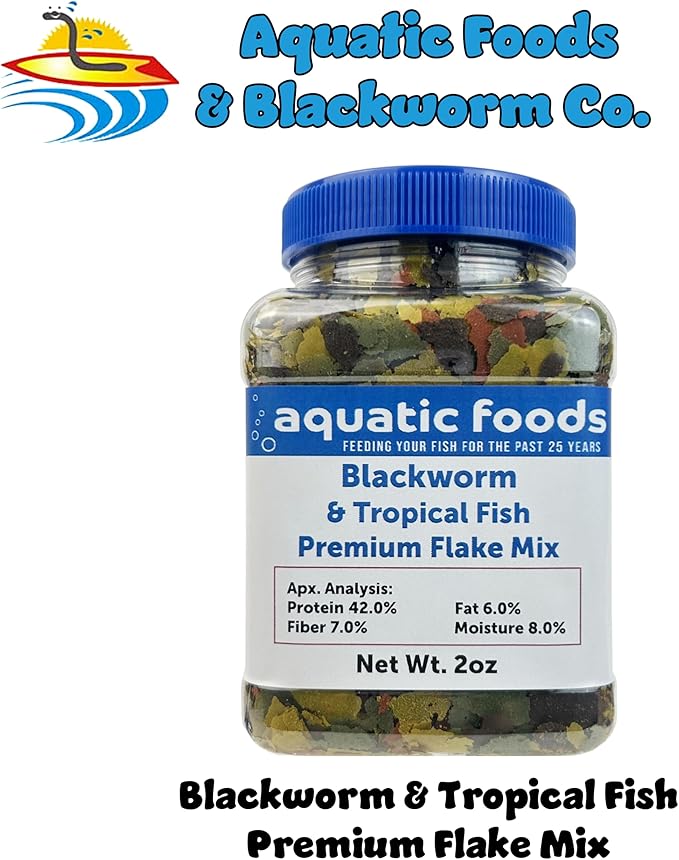 45% Blackworm & Tropical Fish Flakes for Cichlids, Discus, for All Community Tropical Fish. Aquatic Foods Flakes…2oz Small Jar