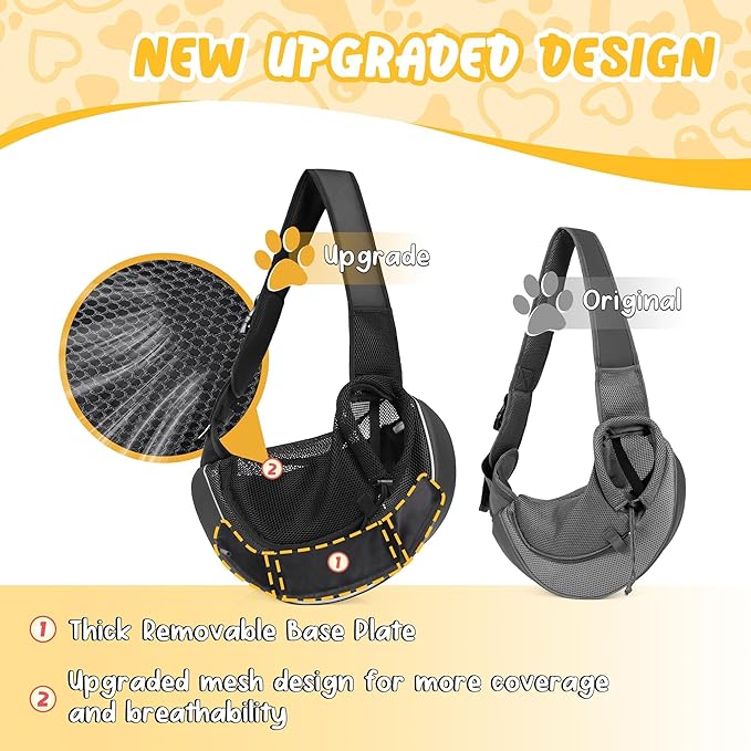 Detachable Hard Bottom Dog Sling for Small Dogs & Cats Up to 10 lbs- Upgraded Breathable Mesh, Adjustable Strap & Large Pocket - Hands-Free Pet Carrier for Travel Walking Hiking (Black Size M)