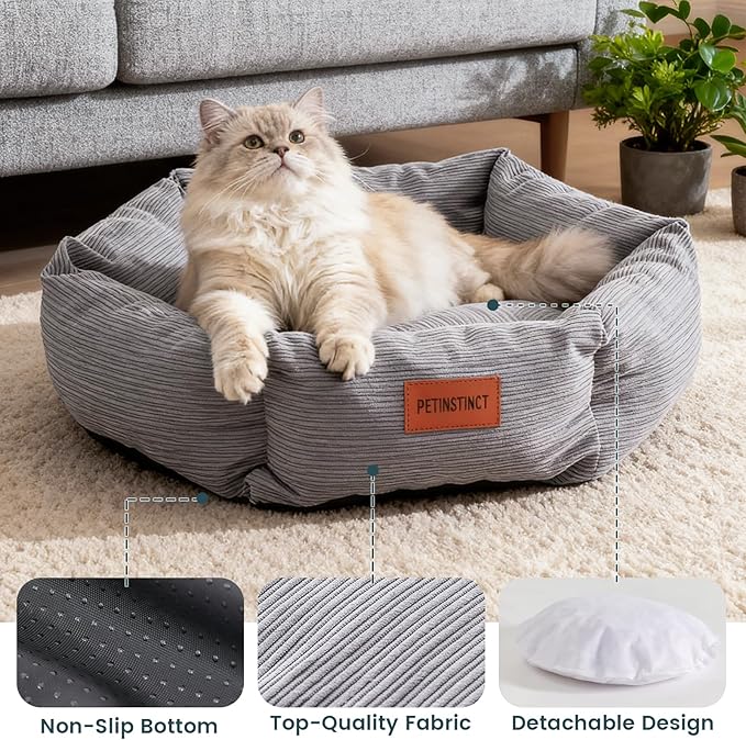 Cat Bed, Washable Orthopedic Cat Beds for Indoor Cats, Soft Donut Calming Pet Bed for Puppy and Kitten with Anti Slip Bottom, Small Dog Bed, 21.7x21.7x5.9 in, Gray
