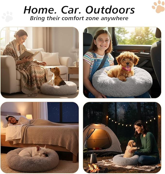 JOLLYVOGUE Small Dog & Cat Beds for Indoor Cats, Donut Cuddler Warming Soft Dog Beds with Anti-Slip Bottom, Round Calming Fluffy Plush Faux Fur Cushion Bed for Small Medium Dogs (20", Smoke Grey)
